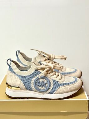 Michael Kors Cream and Light Blue Mesh Logo Sneakers Size 6